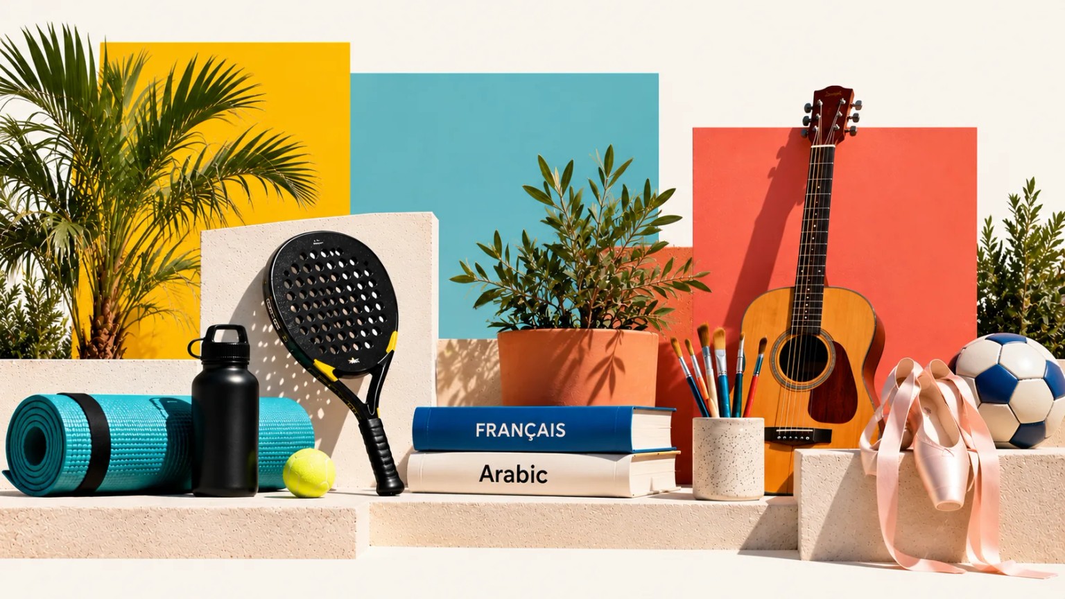 Illustration of sports equipment, a guitar, paintbrushes, ballet shoes and language books for clubs and classes