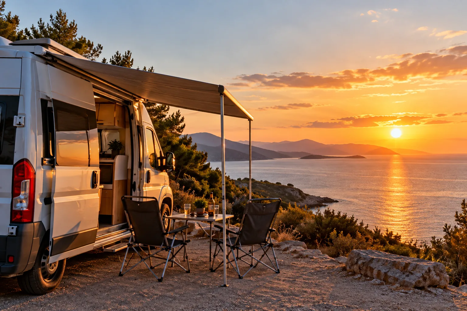 Campervan with an open awning, table and chairs overlooking the sea at sunset