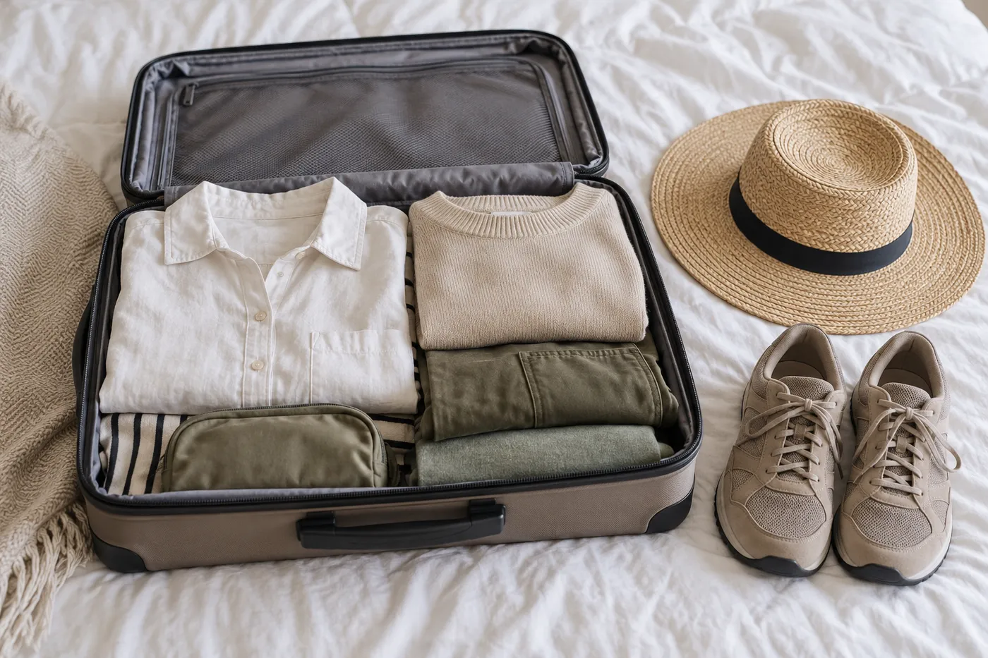 Open suitcase with folded clothing, a sunhat and walking shoes