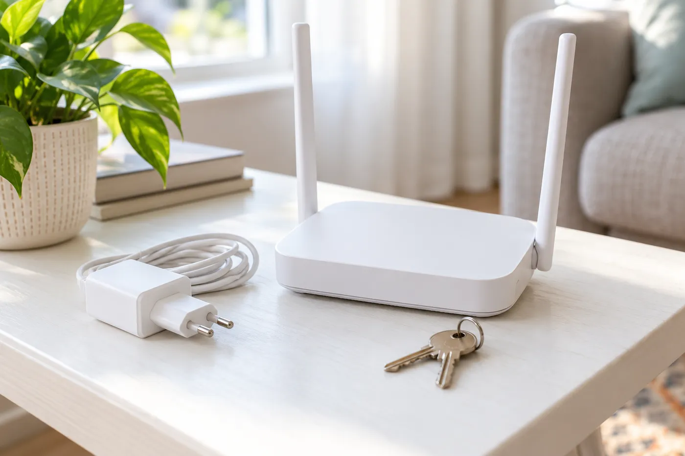 A white router beside an unplugged power adapter and house keys