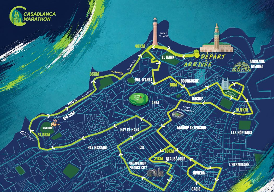 Official 2026 Casablanca Marathon course map showing the route across Casablanca, including Anfa, Maârif, Hay Hassani and Aïn Diab